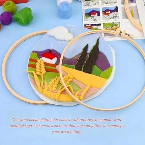 Wonafa DIY Wool Needle Felt Starter Kit, Beginner Needle Felt Kit with Wool Felt Bag, Felts Needles, Photo Frame, Foam Mat, Felts Cloth and Instructions for Home Decor, Art Crafts (Idyllic Scenery) - Image 4