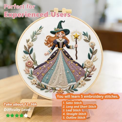 Embroidery Kit for Adults, Pre-Stamped Pattern Embroidery Kit for Beginners, DIY Hand Needlepoint Starter Kit with Hoop Thread Needle Instruction, 6.3'' Hoop (Witch 1 Pack) - Image 2