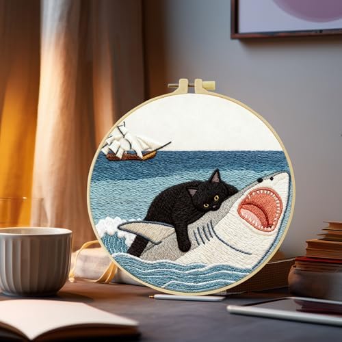 Black Cat Riding a Shark and a Sailboat Stamped Pattern Embroidery Kit for Beginners Adults Includes Cloth,Hoop,Color Threads,Needles and Instruction,Lover Hand Stitch with Embroidery Skill Techniques - Image 7