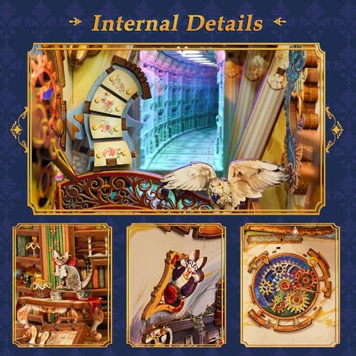 Tonecheer DIY Book Nook Kit for Adults, 3D Wooden Puzzle Bookend Miniature House Kit, Booknook Bookshelf Insert Decor with Dust Cover and LED Lights Gifts (Magical Library) - Image 3
