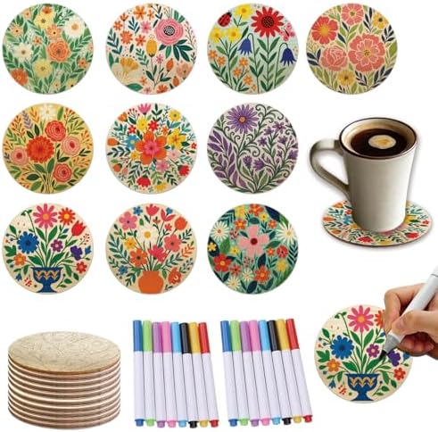 26PCS Wood Coasters Craft Kit 10 Paint You Own Coaster with 16 Markers Wooden Coasters Painting Set for Adults and Beginners DIY Coaster Kit Flower Painting Crafts Art Supplies(Flower) by TWINKLEMON