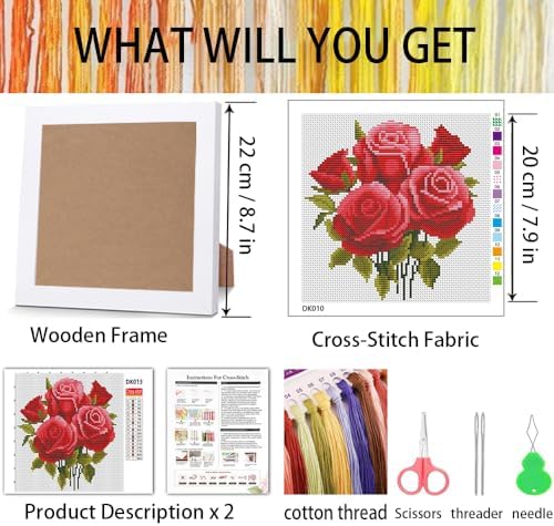 Red Roses Stamped Cross Stitch Kits for Adult Beginner with Wooden Frame - Image 3