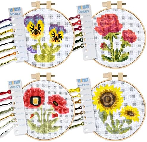 Kraftex Stamped Cross Stitch Kits for Beginners (Flower Theme - 6.75 Inch - 4 Pack 1 x Embroidery Hoop) Embroidery Needlepoint Patterns for Adults, Includes Poppy, Rose, Sunflower and Pansy by Kraftex