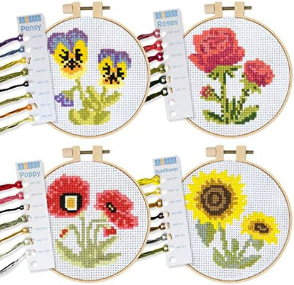 Kraftex Stamped Cross Stitch Kits for Beginners (Flower Theme - 6.75 Inch - 4 Pack 1 x Embroidery Hoop) Embroidery Needlepoint Patterns for Adults, Includes Poppy, Rose, Sunflower and Pansy by Kraftex