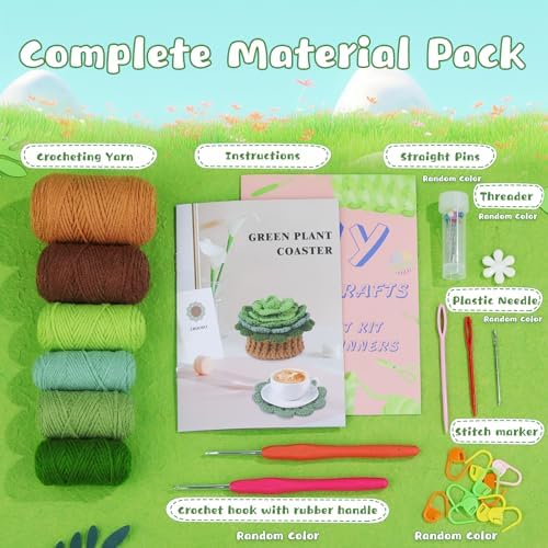 LUNARM Crochet Kit for Beginners, Crochet Start Green Plant Coasters Kits - Image 2