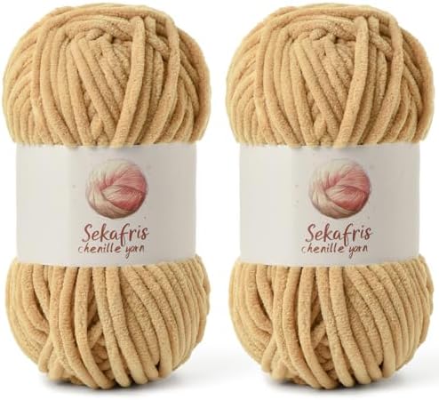 Chenille Blanket Yarn for Crocheting Size 5 Bulky Yarn, 2 Khaki by Sekafris