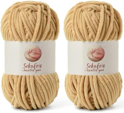Chenille Blanket Yarn for Crocheting Size 5 Bulky Yarn, 2 Khaki by Sekafris
