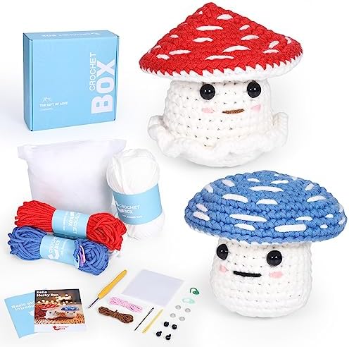 Crochet Kit for Beginners: 2 PCS Red & Blue Mushroom Starter Crochet Kits with Step-by-Step Video Tutorials and Yarns, Hook, Accessories, DIY Craft Gift for Adults and Teen(30%+ Yarn) by CROCHETBOX