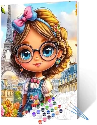 DIY Paint by Numbers for Adults Little Girl with Bright Eyes Painting Acrylic Paint Oil Painting African America Girl Painting Kits Eiffel Tower Canvas Art Bedroom Decor 16x20 Inch（Without Frame） by TUMOVO
