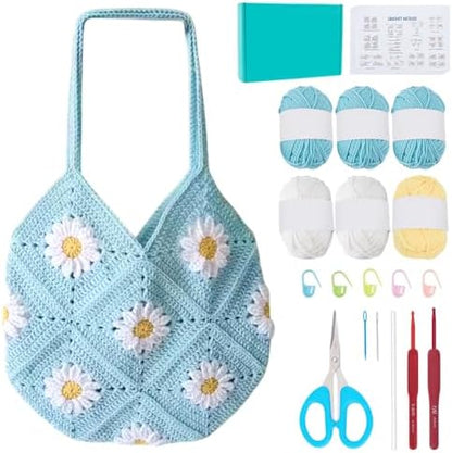 ORIGACH DIY Daisy Crochet Bag Kit for Beginners Adults, Crochet Granny Square Bag Kit with Instruction Video Tutorials, Aqua Blue by ORIGACH