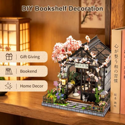 DIY Miniature House Kit, Sakura Greenhouse Tiny 3D Wooden House Making Set for Adults, Dollhouse Bookshelf Decor with Furniture & LED Lights, Christmas Birthday Craft Gift for Friend - Image 6