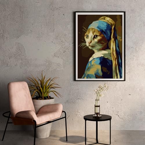 NiArt Paint by Numbers for Adults Beginners, DIY Paint by Numbers on Canvas for Kids, Oil Painting Kits for Gift Home Wall Decor,10 Brushes and Acrylic Paint,12x16 Inch,(Pearl Earring Cat, with Frame) - Image 3