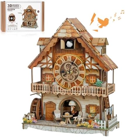 3D Puzzles for Adults-Cuckoo Clock, Swiss Country Cottage Clock Kit (with Pendulum), Wooden Puzzles for Adults Home Decor DIY Watch Making Model Kit Christmas Day Puzzle Gifts for Men Women by RnfinewowWoodenPuzzles