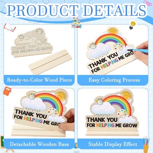 Yuntau 24 Pcs Color Your Own Teacher Appreciation Crafts Bulk Back to School Gifts First Day of School DIY Wooden Desktop Signs to Paint Classroom Crafts Kit for Thank You Teacher - Image 3
