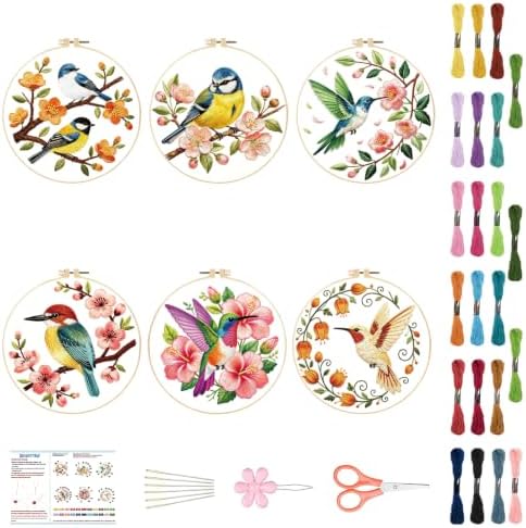BEUNITONE 6 Set Embroidery Kit for Beginner Adults, Hummingbird & Flower Cross Stitch Set with Stamped Pattern Hoops Threads Cloth Needles, Embroidery Starter Kit for Home Decoration and Gifting by BEUNITONE