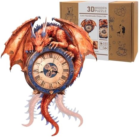 3D Puzzles for Adults Wooden Fire Dragon Puzzle Clock Adult Crafts by Cutywood