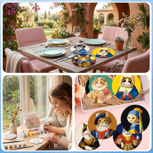 DPARTGMJT 8 Pack Cats Paint by Numbers Kits Coasters with Holder Cork Pads - Image 6