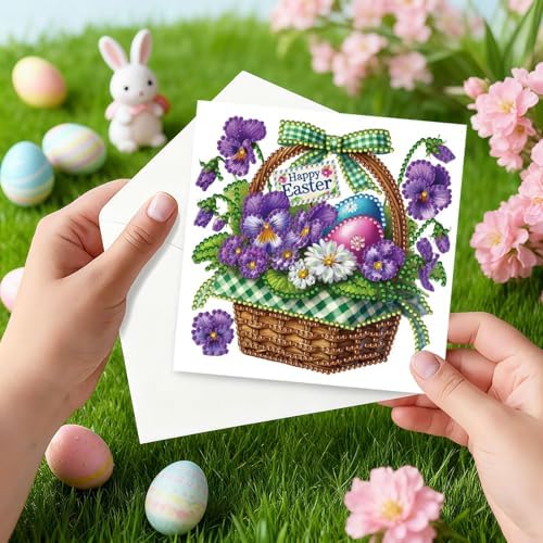 6Pcs Easter Greeting Card DIY Diamond Art Painting Greeting Cards Special Shaped Diamond Blessing Folding Card Kit Arts Crafts for Holiday Festival-Flower Baskets - Image 4