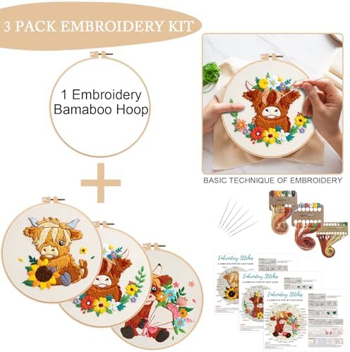 Nuberlic 3 Pack Embroidery Kit for Beginners, Highland Cow Embroidery Kits - Image 4