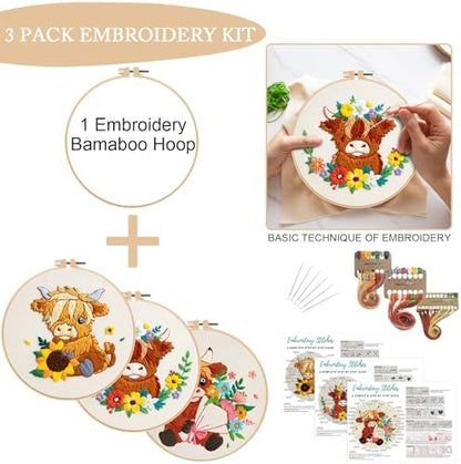Nuberlic 3 Pack Embroidery Kit for Beginners, Highland Cow Embroidery Kits - Image 4