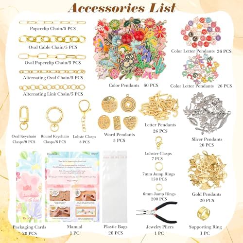 Ecoofor 613 PCS Charms Lip Gloss Keychain Making Kit, Bag Charm Kit with 178 Charms, 25 Keychain Clips & Extender Chains, Jewelry Pliers, Gift Bags & DIY Keychain Craft Supplies - Image 6