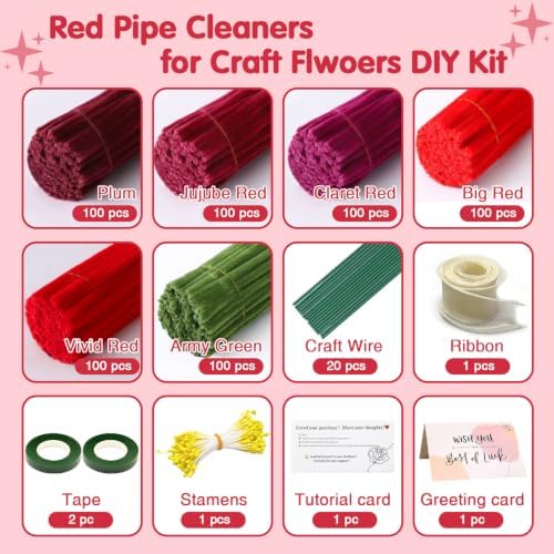 AHAMETON 620Pcs Red Series Pipe Cleaners Flower Kit,Chenille Stems Craft - Image 2
