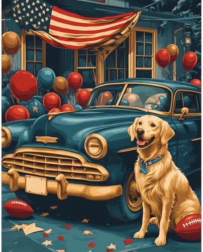 RICUVED Dog Paint by Numbers for Adults, Independence Day Paint by Numbers Kit for Adults Beginners, Flag DIY Acrylic Car Oil Painting on Canvas Easy for Gift Home Wall Decor 16x20 Inch by RICUVED
