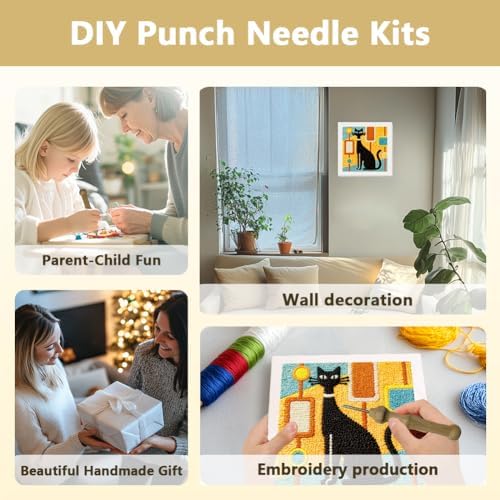 Doodlream Black Cat DIY Punch Needle Embroidery Kit for Adult Beginner, 9.4" Kitten Abstract Punch Stitching Craft Set for Starter with Frame,Fabric Pattern,Threader, Yarn, Pinch Needle - Image 4