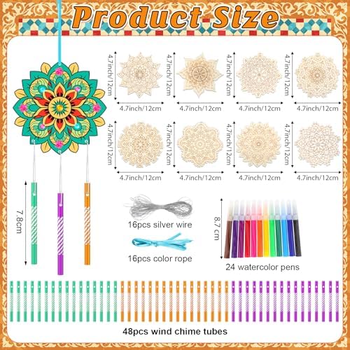Amyhill 16 Pack Mandala DIY Wind Chime Kit, Wooden Coloring Craft, Gifts - Image 2