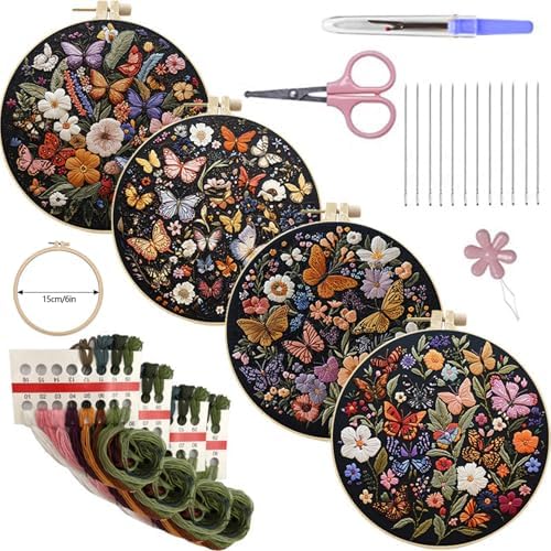 SCECALA 4 Pack Butterfly Flower Embroidery Kit for Beginners by SCECALA