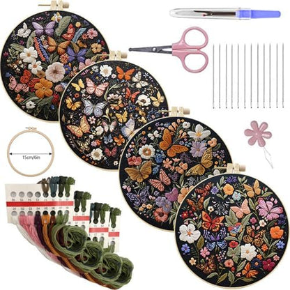 SCECALA 4 Pack Butterfly Flower Embroidery Kit for Beginners by SCECALA