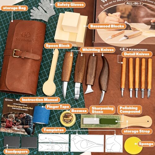 Wood Carving Kit, 32Pcs Wood Carving Tools with Storage Bag, Wood Whittling Knife Kit with 4pcs Templates & 11pcs Wood Carving Knives for Wood DIY Beginners - Image 2