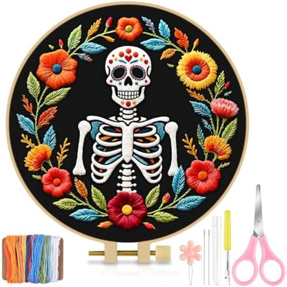 TINDTOP Embroidery Kit for Adult Beginners, Embroidery DIY Starter Kit, with Stamped Patterns, Hoop, Tools, Colorful Threads with Needles, Instructions (Skeleton A) by TINDTOP