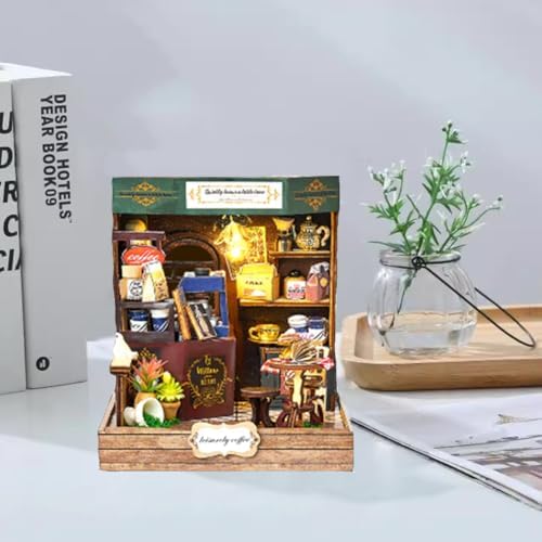 Book Nook Kit, DIY Miniature House Kit with LED, 3D Wooden Puzzles for Adults Mini House Building Kit, Dollhouse Kit Bookshelf Insert Decor Creative Gifts (Corner Cafe) - Image 6