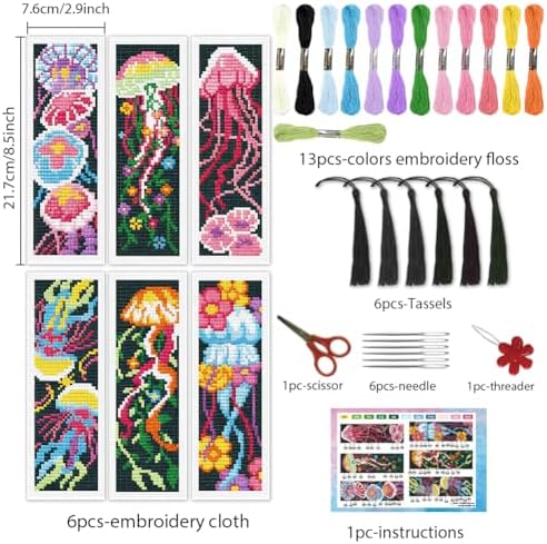 INFUNLY 6PCS Jellyfish Cross Stitch Bookmark Kit for Adults 3''×8.5'' Flowers Stamped Embroidery Bookmark Kits with Fantasy Jellyfish Needlepoint Bookmark Kit with Instruction for Book Lovers Readers - Image 2