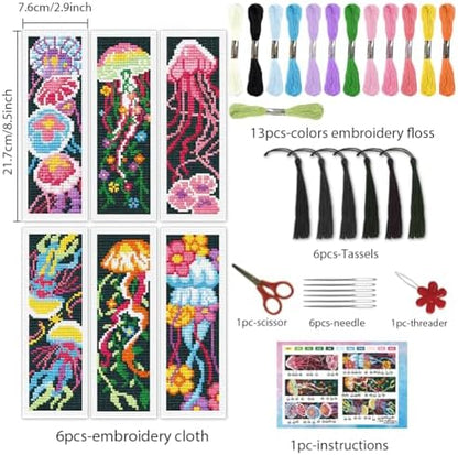 INFUNLY 6PCS Jellyfish Cross Stitch Bookmark Kit for Adults 3''×8.5'' Flowers Stamped Embroidery Bookmark Kits with Fantasy Jellyfish Needlepoint Bookmark Kit with Instruction for Book Lovers Readers - Image 2