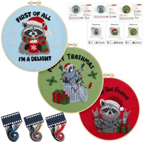 Mindsoft 3 Set Christmas Raccoon Embroidery Cross Stitch Kit for Beginner by Mindsoft