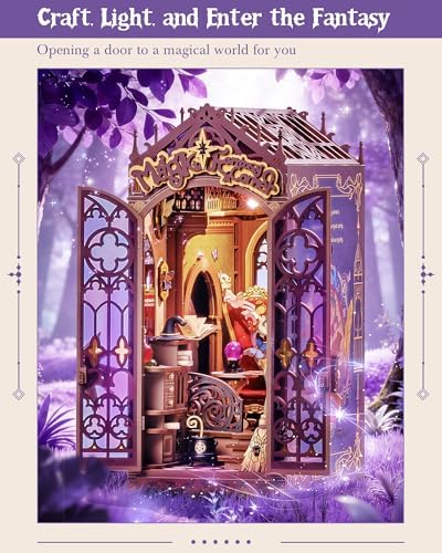 ROBOTIME Book Nook Kit, DIY Miniature House Kit, 3D Wooden Puzzle Bookends, Witch Study Room Bookshelf Decor, Creative Unique Gifts for Adults (Magic Fantasy Corner) - Image 6
