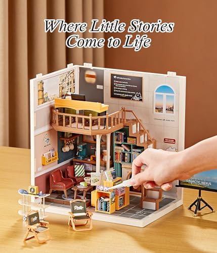2-Story Loft Book Cafe & Study Room Kit, DIY Miniature House for Adults with Reading Area Coffee Bar Study Desk Projector Balcony, Collectible Plastic Library Model, Home Decor Gift for Women - Image 5