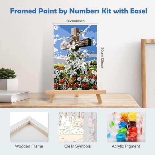 MOGTAA Cross Flowers Paint by Numbers Kit for Adults Beginners with Frame, Landscape Adult Paint by Number Kits on Canvas with Easel, Easy DIY Oil Painting Kits for Home Decor, 8x12in - Image 2
