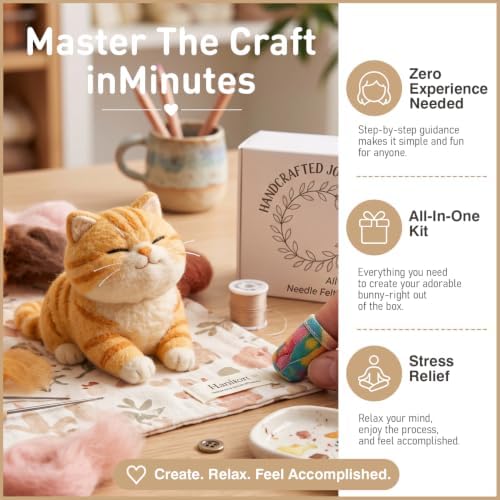 DIY Needle Felting Kit Cute Smiling Orange Tabby Cat – Needle Felting Starter Kit with Fiber Roving, Needles, Felting Pad & Instructions | Felted Cat Kit for Beginners Adults | DIY Craft Gift - Image 3