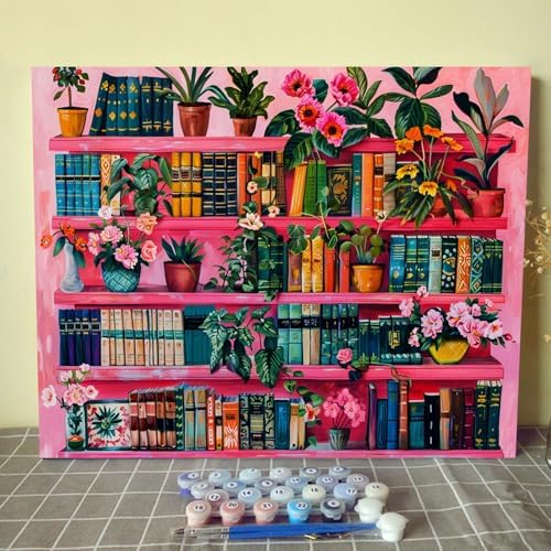 Bookshelf Book Theme Paint by Numbers Kits for Adult Beginners Pink Boho Paint by Numbers Kits Painting Kits on Canvas Pigment for Home Wall Decor Without Framed 16''W x 20''H by Aihonmin