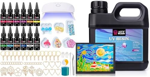 LET'S RESIN 1,000g Crystal Clear UV Resin Hard and 12-Color UV Resin with All-Inclusive Keychain Making Kit by LETSRESIN