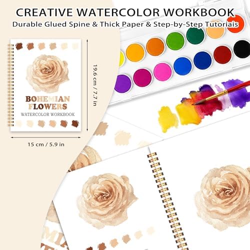 Bohe Flowers Watercolor Workbook, Water Coloring Book, 12 Patterns, 18 Colors Watercolor Paint Set, Boho Floral Watercolor Kit for Beginners, Stress Relief Gifts for Women - Image 2