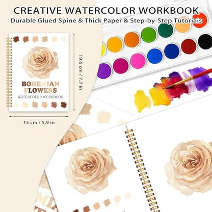 Bohe Flowers Watercolor Workbook, Water Coloring Book, 12 Patterns, 18 Colors Watercolor Paint Set, Boho Floral Watercolor Kit for Beginners, Stress Relief Gifts for Women - Image 2