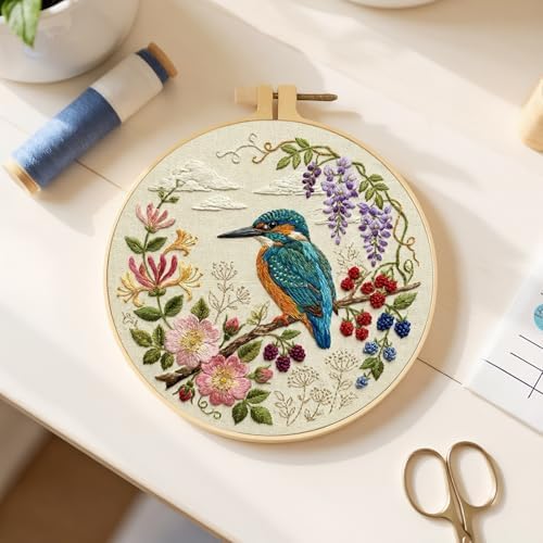 FRANDEK DIY Flower Bird Stamped Embroidery Kit with Hoop for Adults - Image 5