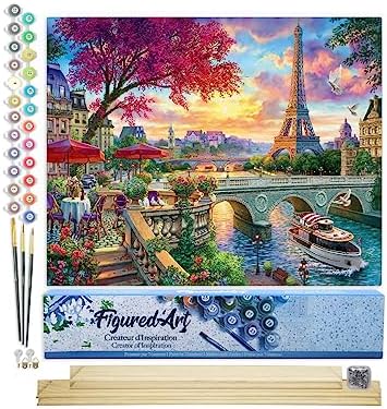 Figured'Art Paint by Numbers Kit for Adults Dinner by The Seine 16"x20" - Craft Art Painting Rolled Canvas with DIY Wooden Frame by FiguredArt