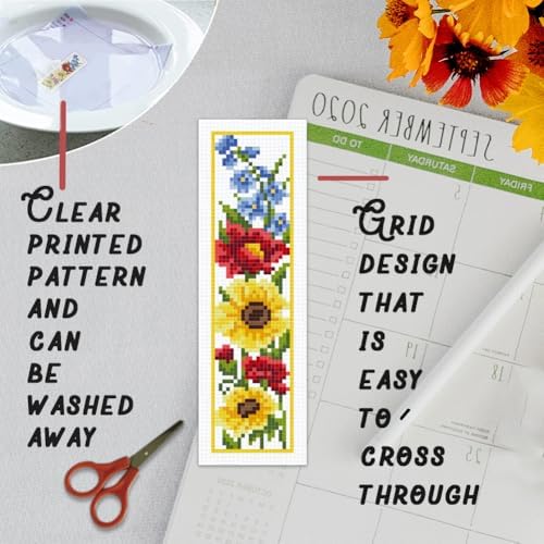 BEUNITONE 6 Pcs Flowers Cross Stitch Bookmark Kit for Adults Beginners Vivid Floral DIY Stamped Embroidery Bookmark Punch Needle Kit with Instructions for Book Lovers Reader Writer Gift 8''x2.4'' - Image 3