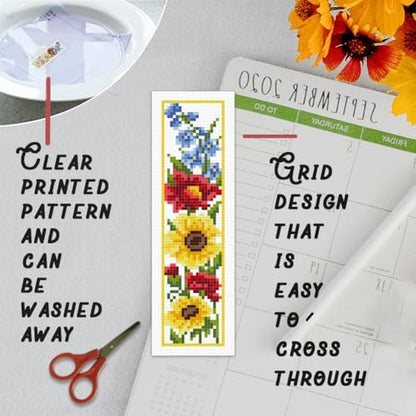 BEUNITONE 6 Pcs Flowers Cross Stitch Bookmark Kit for Adults Beginners Vivid Floral DIY Stamped Embroidery Bookmark Punch Needle Kit with Instructions for Book Lovers Reader Writer Gift 8''x2.4'' - Image 3