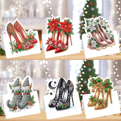 jinglinhh 6pcs Diamond Art Painting Christmas High Heels Greeting Cards with Envelopes, DIY Card Making Kits for Adults, Diamond Art Postcards Christmas Cards Craft Gifts - Image 4